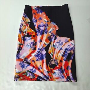 Clover Canyon Pencil Skirt Womens XS Black Orange Floral Digital Print Neoprene